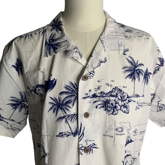 Palmwave Button Up Hawaiian Camp Shirt XL White Chest Pocket Short Sleeves - Picture 2 of 5